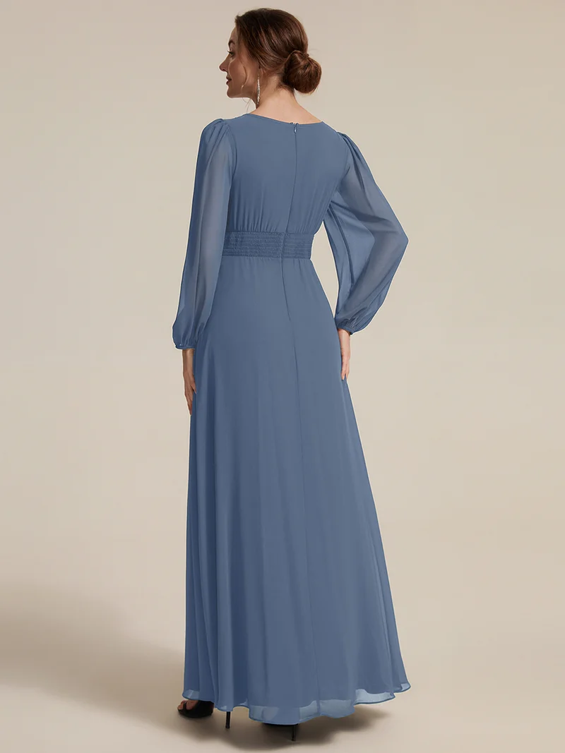 Robe maxi A-line à manches longues en sequins, col rond