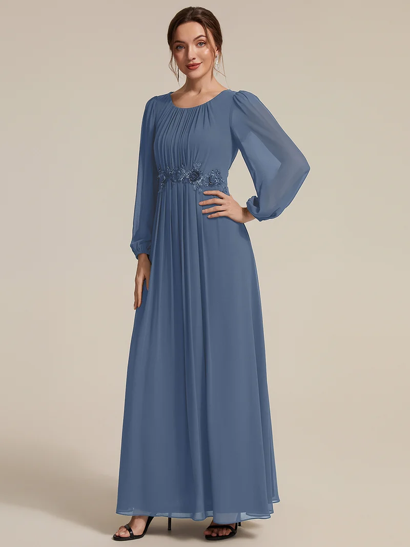 Robe maxi A-line à manches longues en sequins, col rond