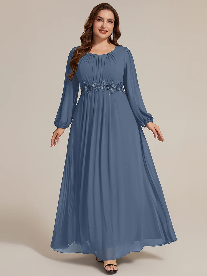 Robe maxi A-line à manches longues en sequins, col rond
