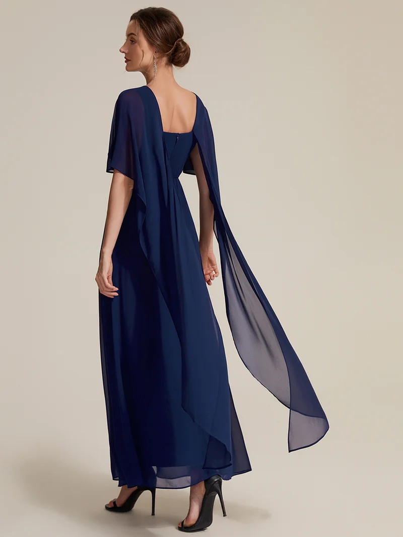 Robe maxi A-line à manches courtes avec col rond et fermeture éclair au dos