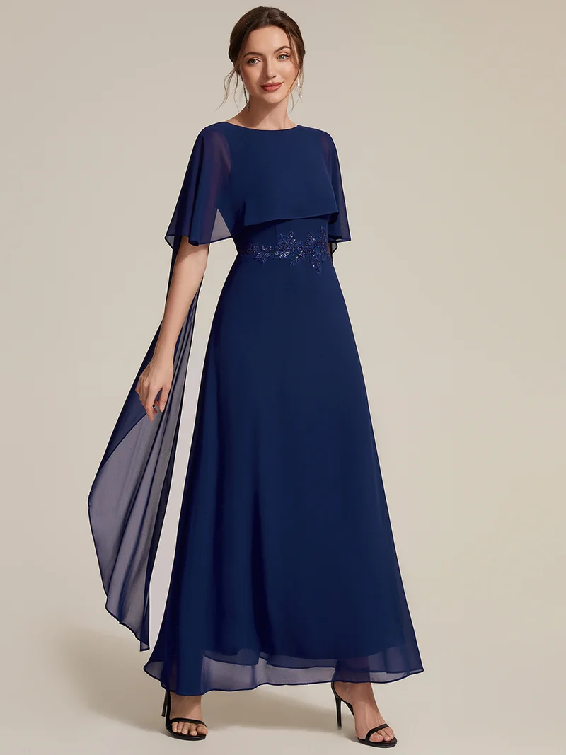 Robe maxi A-line à manches courtes avec col rond et fermeture éclair au dos