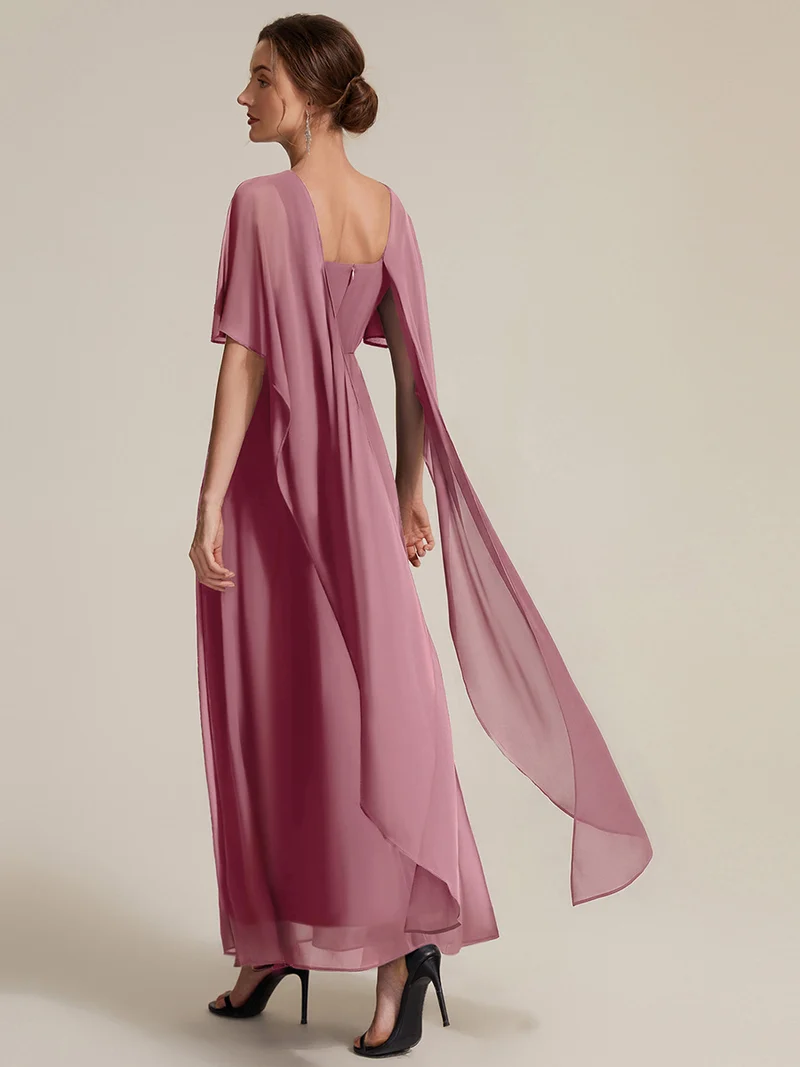 Robe maxi A-line à manches courtes avec col rond et fermeture éclair au dos
