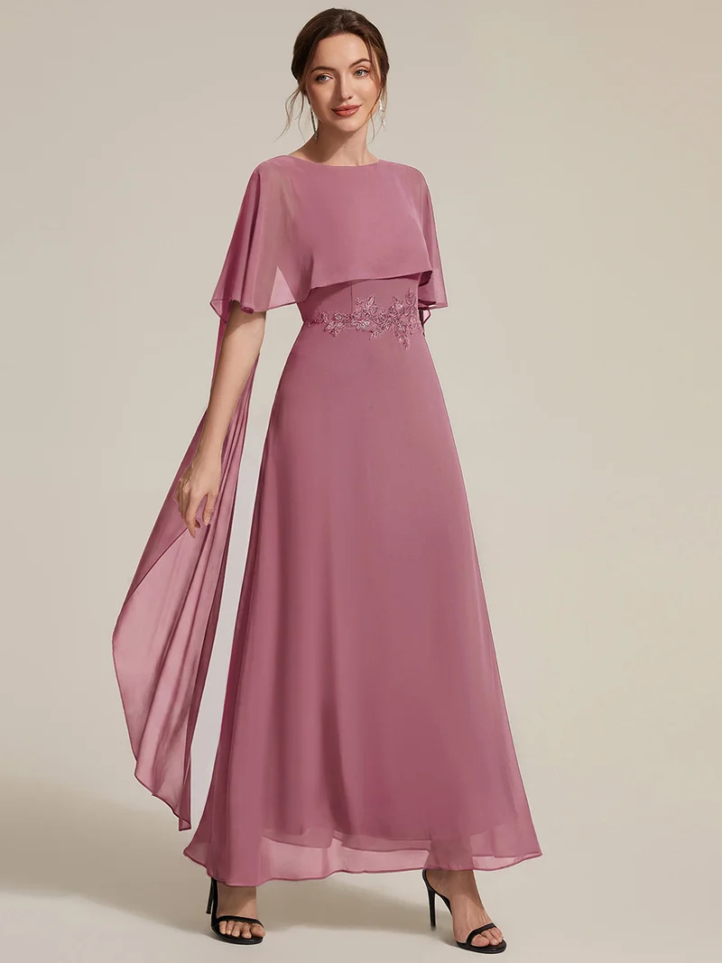 Robe maxi A-line à manches courtes avec col rond et fermeture éclair au dos