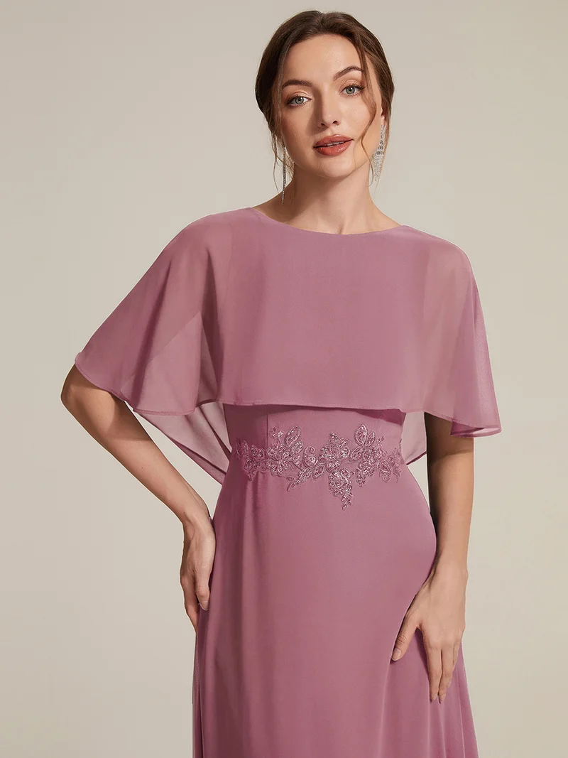 Robe maxi A-line à manches courtes avec col rond et fermeture éclair au dos