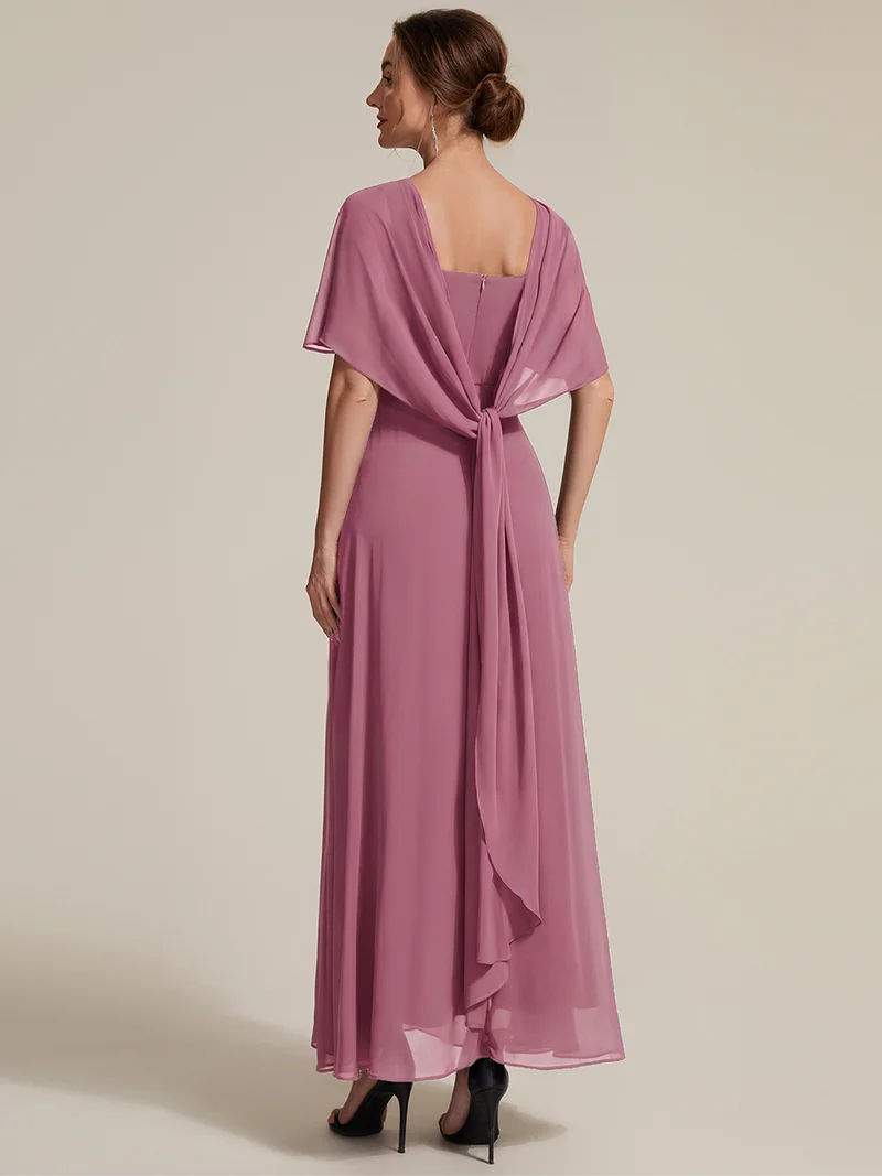 Robe maxi A-line à manches courtes avec col rond et fermeture éclair au dos