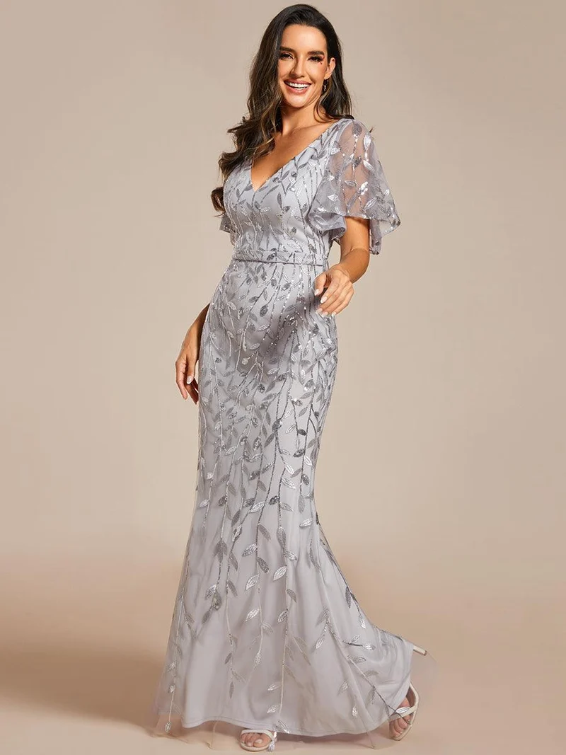 ever DIONE|Robe de soirée en queue de poisson à paillettes et feuilles à col en V