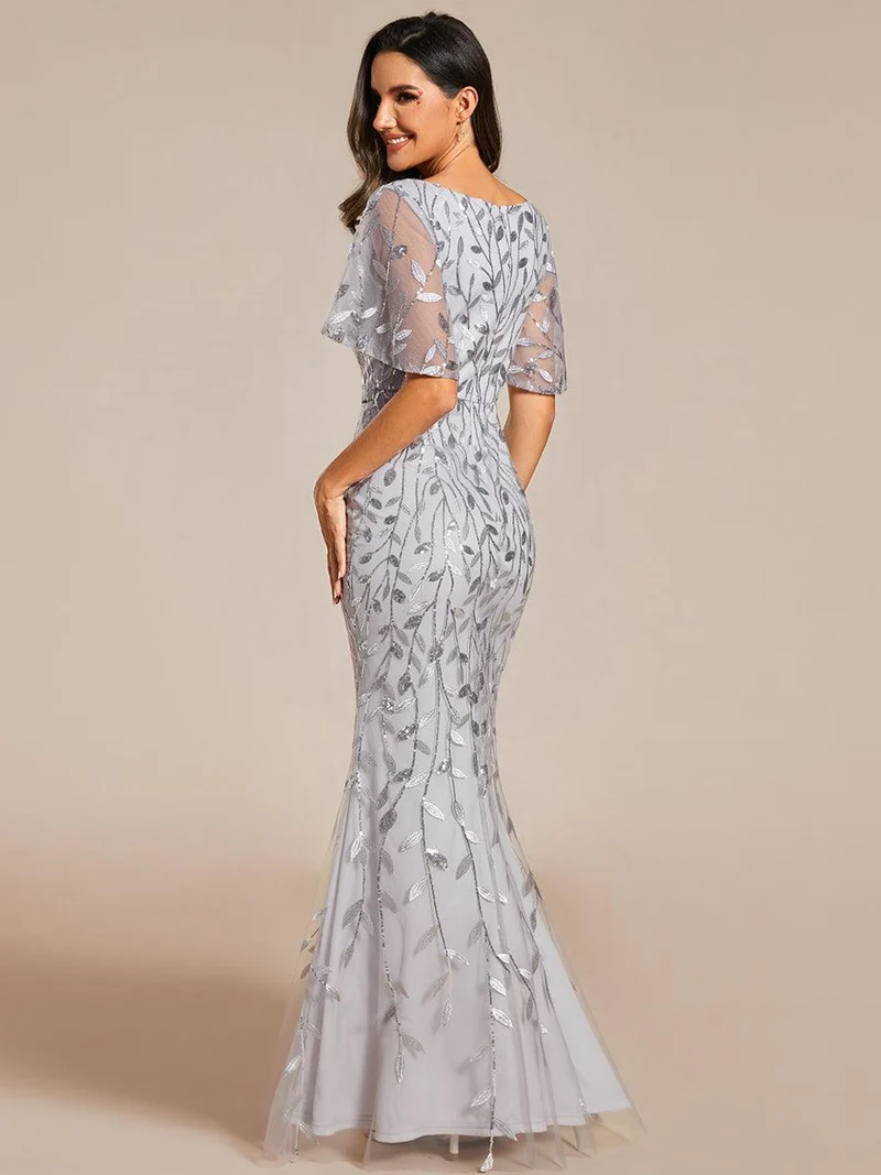 ever DIONE|Robe de soirée en queue de poisson à paillettes et feuilles à col en V