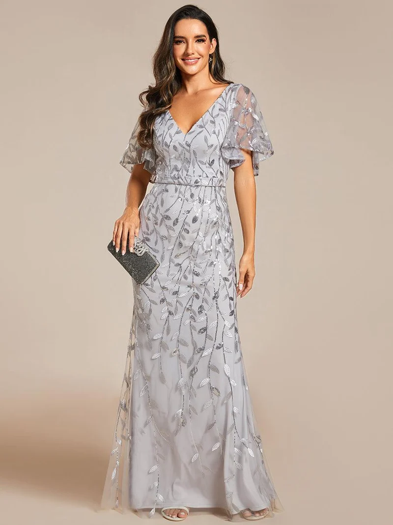 ever DIONE|Robe de soirée en queue de poisson à paillettes et feuilles à col en V