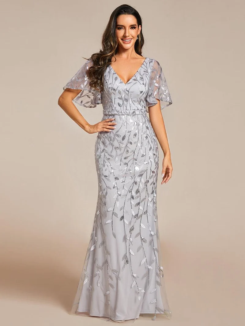 ever DIONE|Robe de soirée en queue de poisson à paillettes et feuilles à col en V