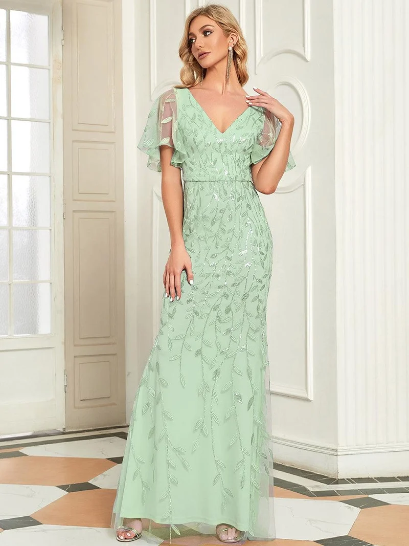 ever DIONE|Robe de soirée en queue de poisson à paillettes et feuilles à col en V
