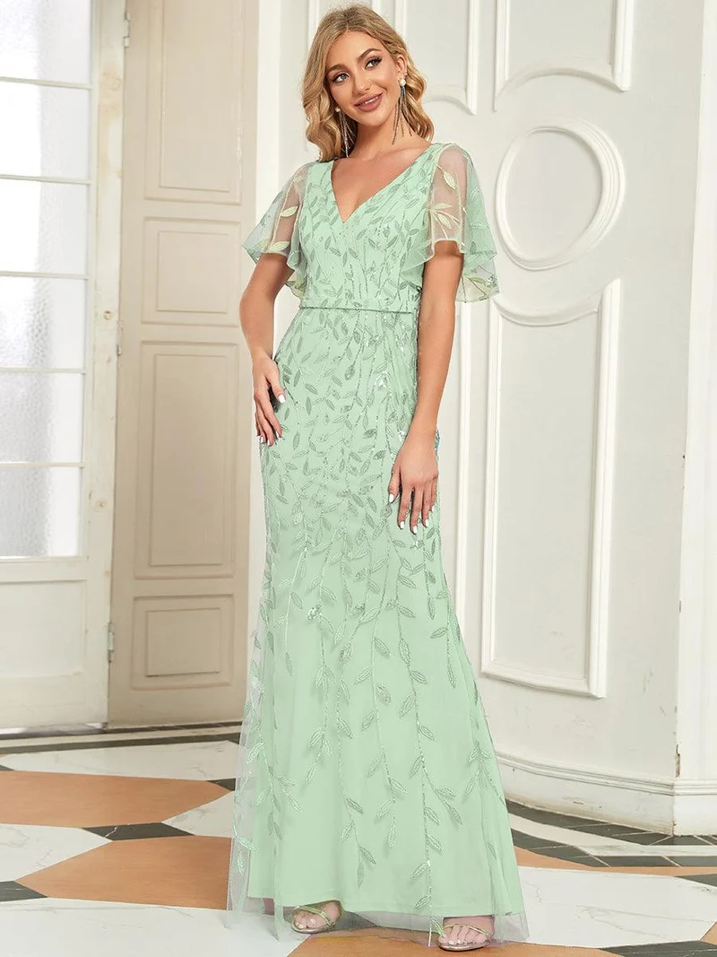 ever DIONE|Robe de soirée en queue de poisson à paillettes et feuilles à col en V