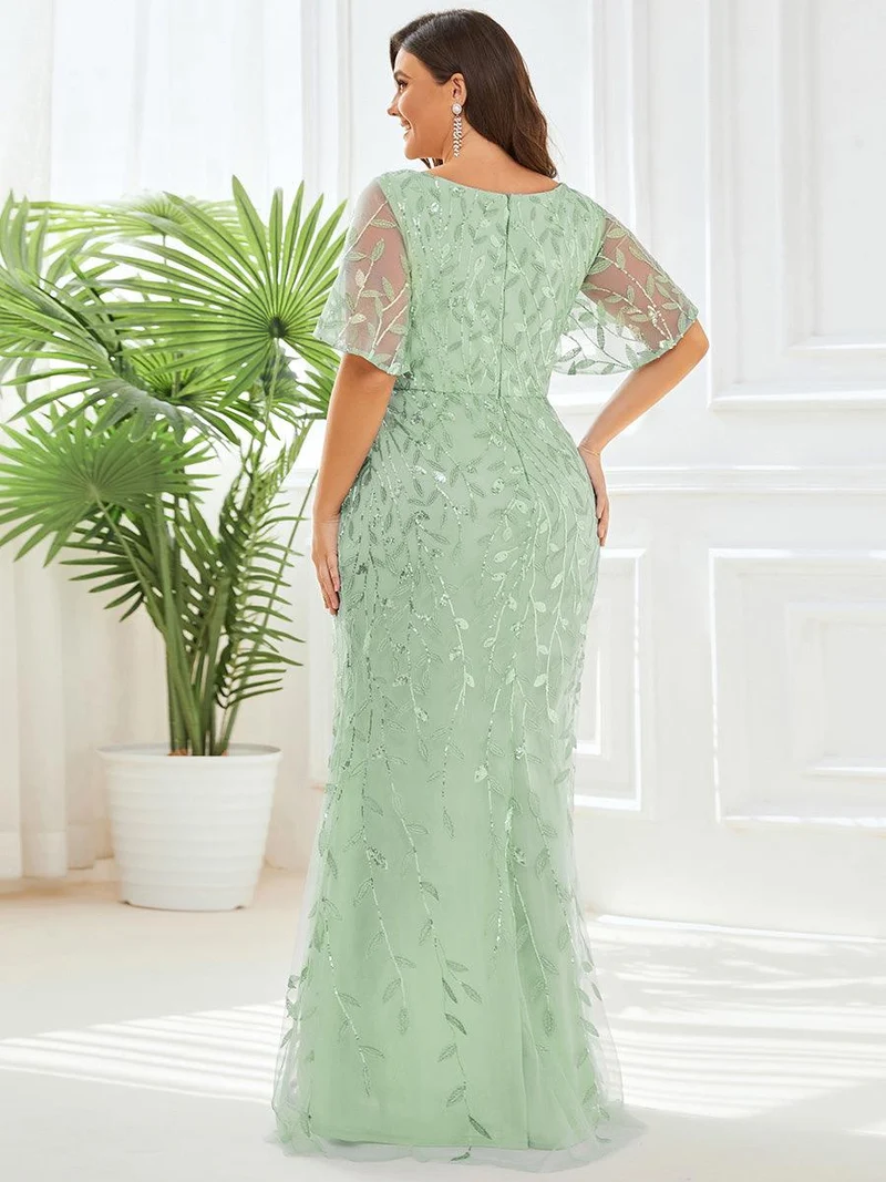 ever DIONE|Robe de soirée en queue de poisson à paillettes et feuilles à col en V