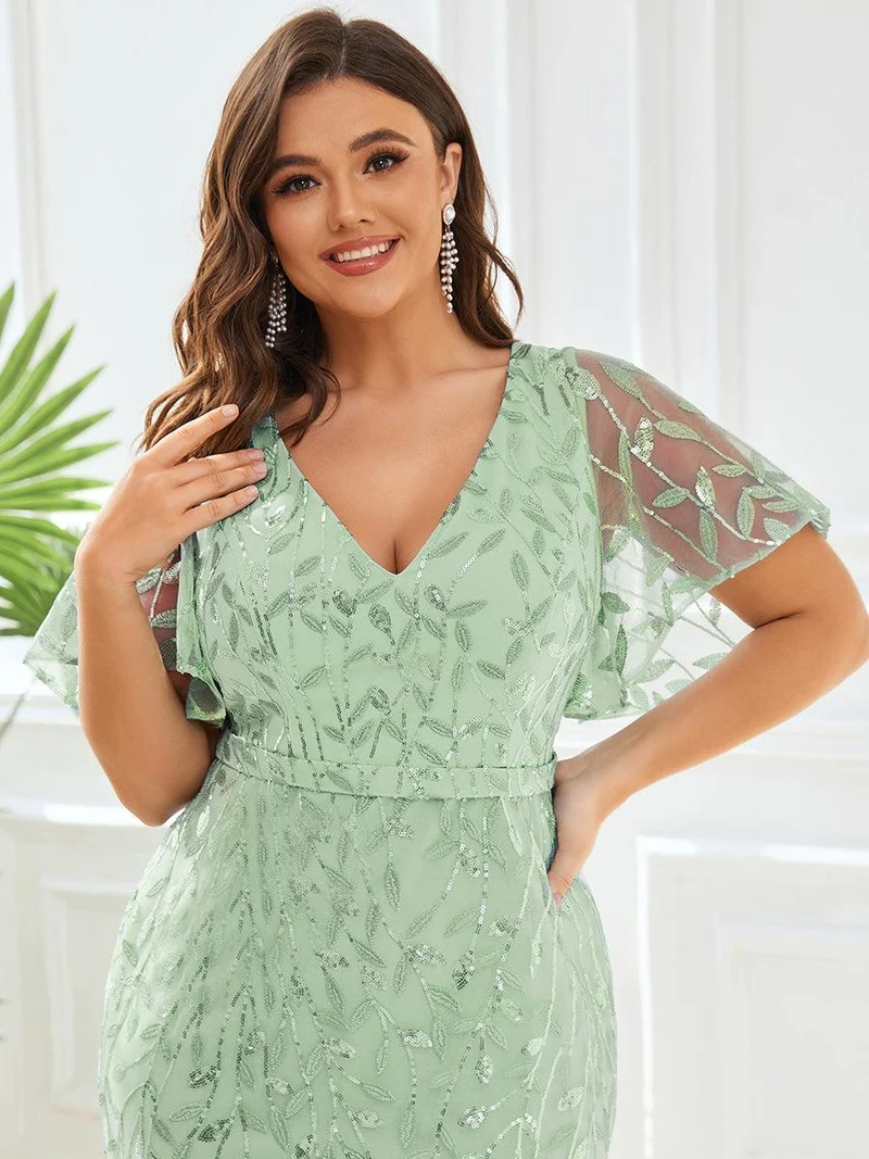 ever DIONE|Robe de soirée en queue de poisson à paillettes et feuilles à col en V