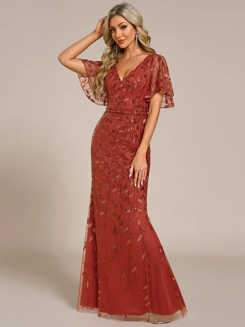 ever DIONE|Robe de soirée en queue de poisson à paillettes et feuilles à col en V