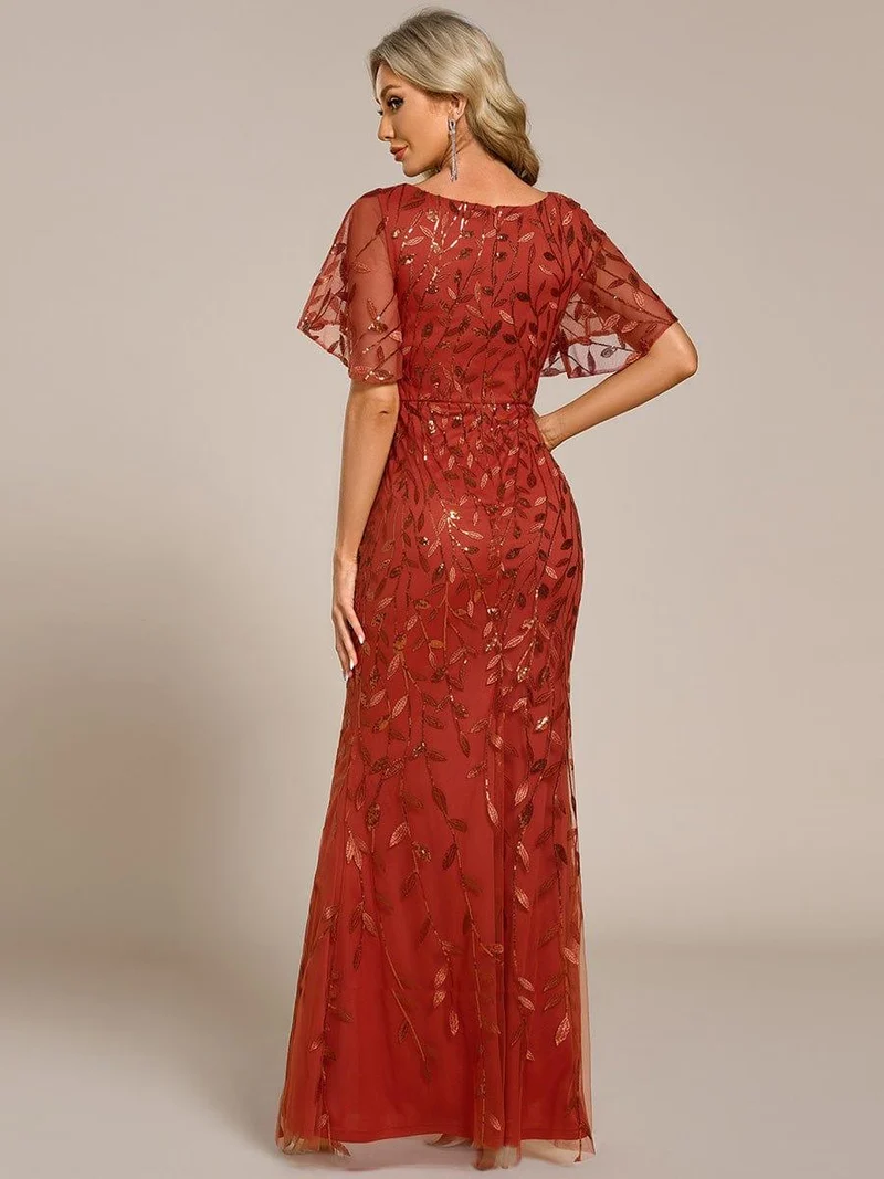 ever DIONE|Robe de soirée en queue de poisson à paillettes et feuilles à col en V