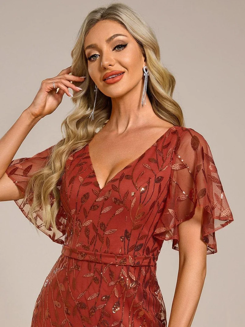 ever DIONE|Robe de soirée en queue de poisson à paillettes et feuilles à col en V