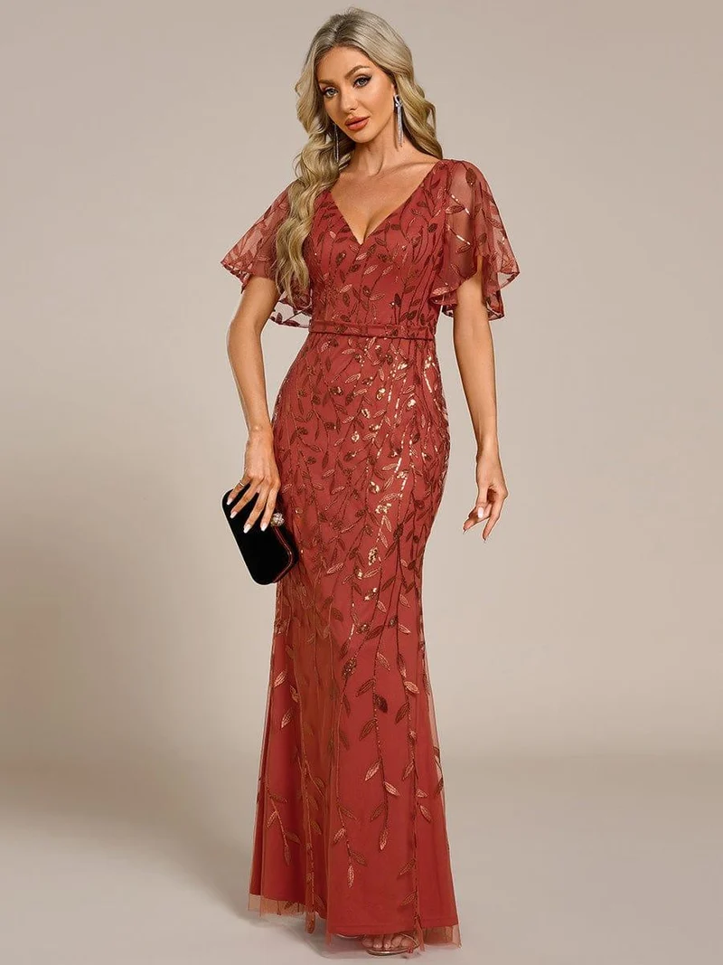 ever DIONE|Robe de soirée en queue de poisson à paillettes et feuilles à col en V