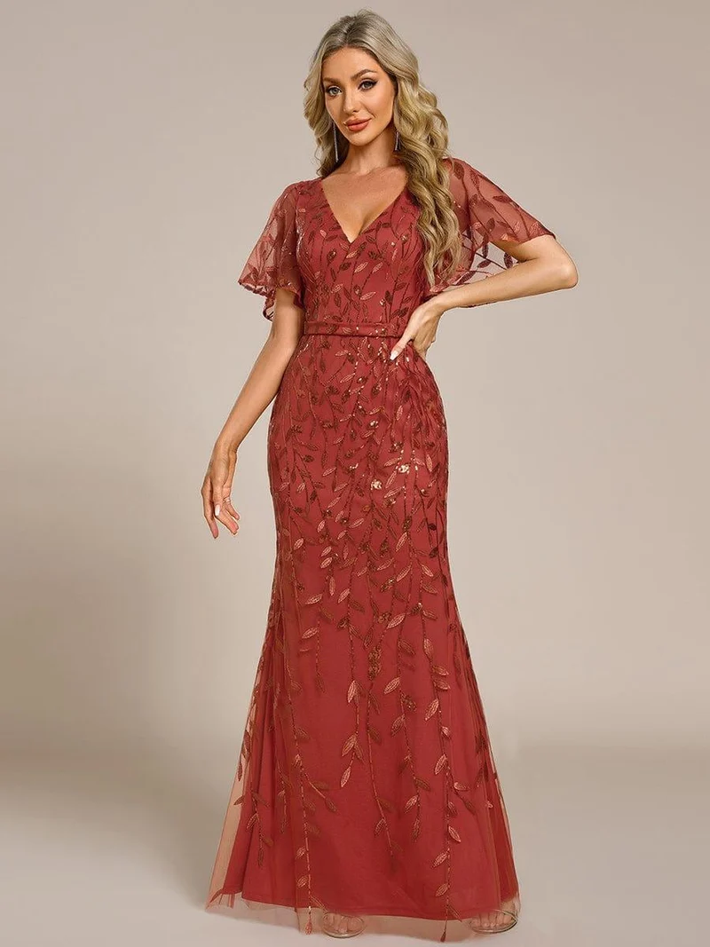 ever DIONE|Robe de soirée en queue de poisson à paillettes et feuilles à col en V