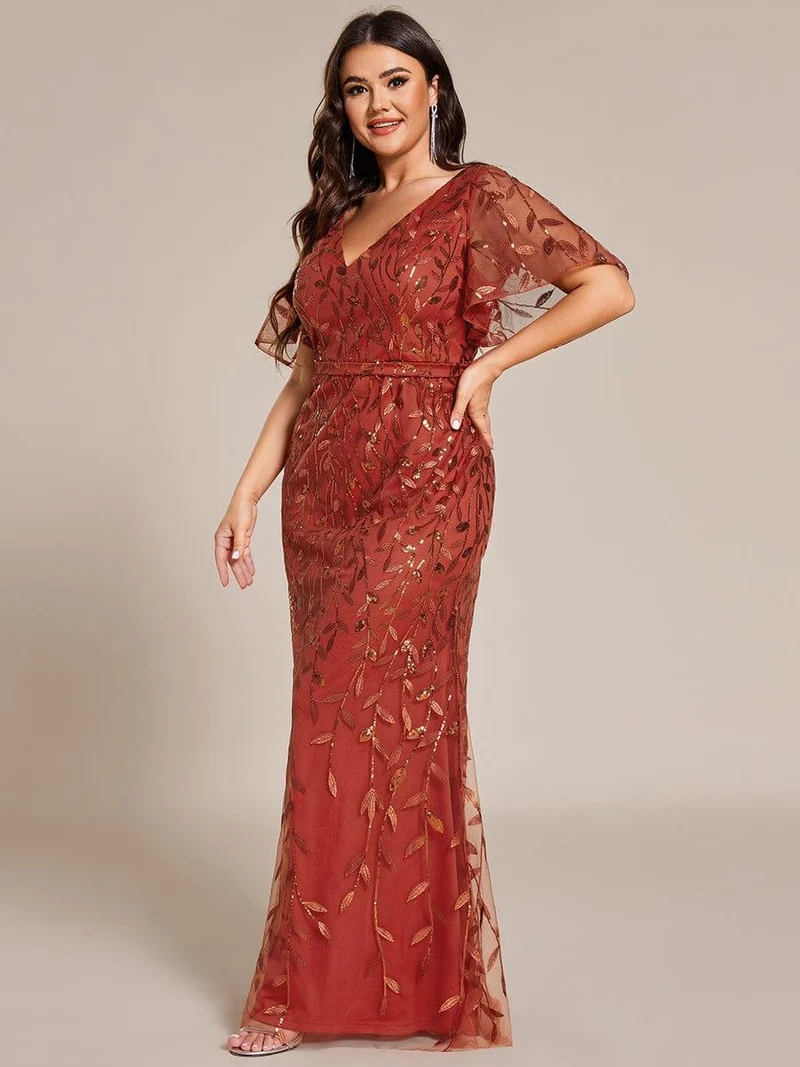 ever DIONE|Robe de soirée en queue de poisson à paillettes et feuilles à col en V