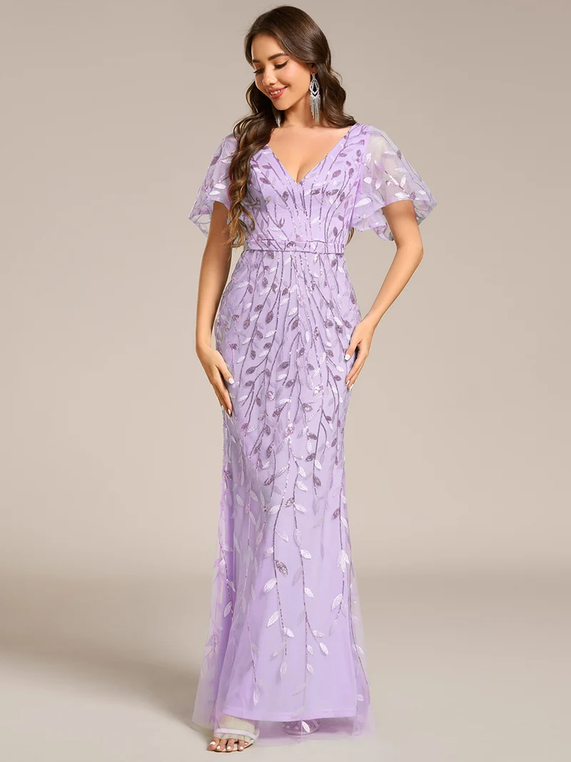 ever DIONE|Robe de soirée en queue de poisson à paillettes et feuilles à col en V