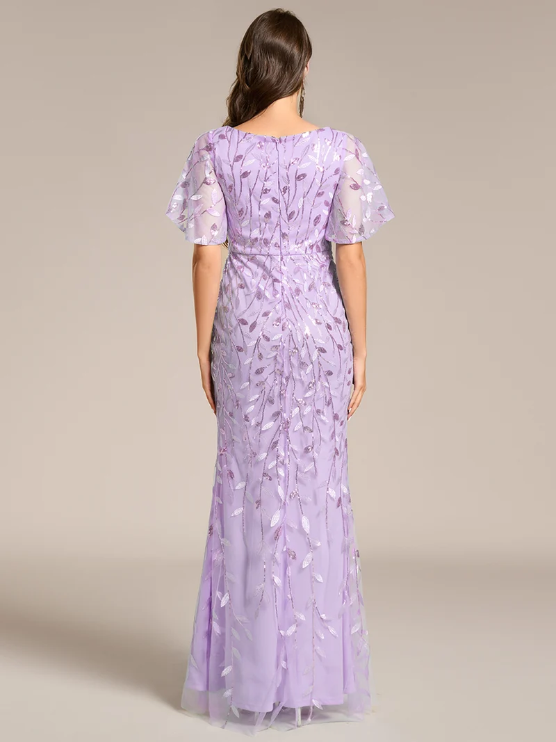 ever DIONE|Robe de soirée en queue de poisson à paillettes et feuilles à col en V