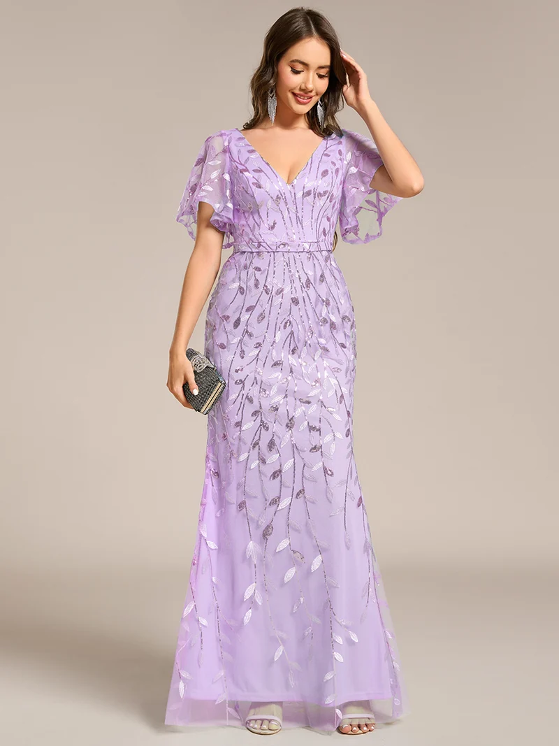 ever DIONE|Robe de soirée en queue de poisson à paillettes et feuilles à col en V