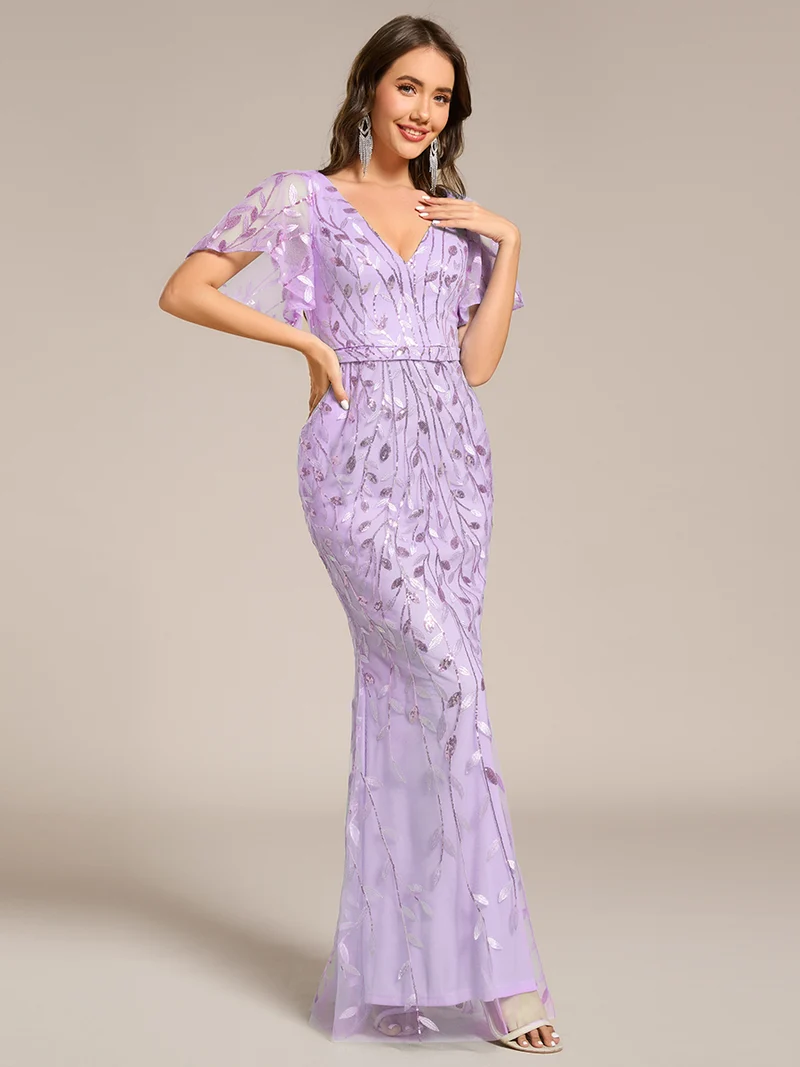 ever DIONE|Robe de soirée en queue de poisson à paillettes et feuilles à col en V