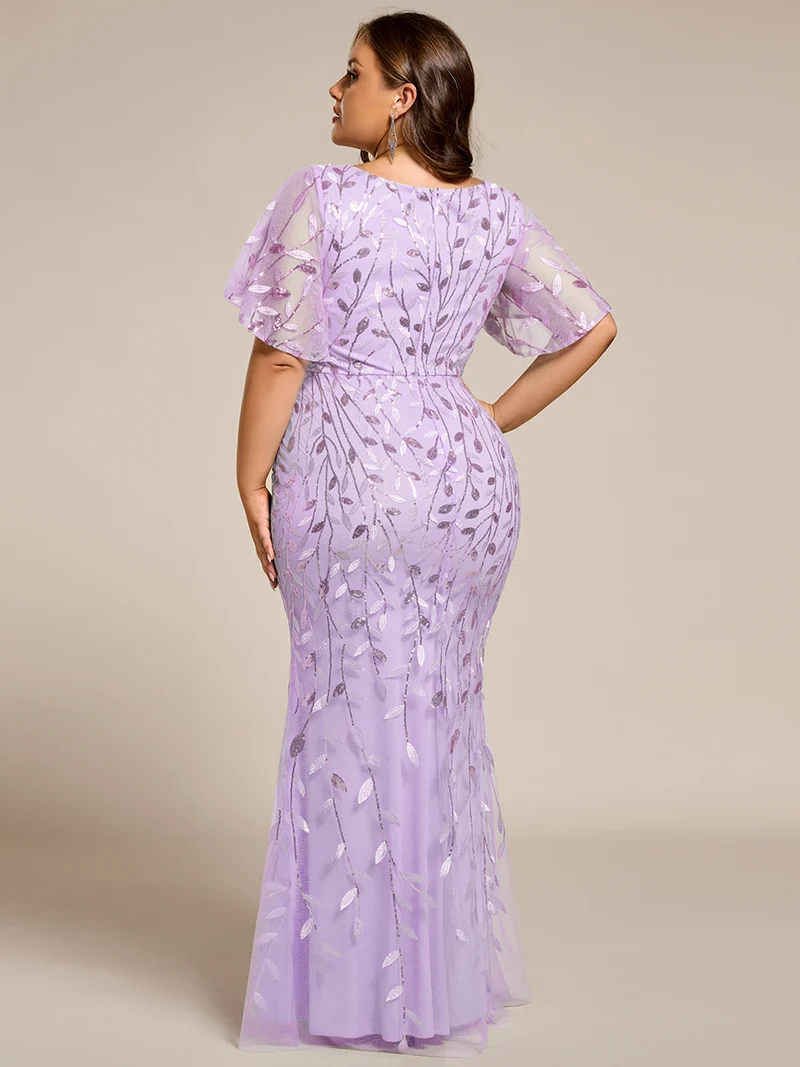 ever DIONE|Robe de soirée en queue de poisson à paillettes et feuilles à col en V
