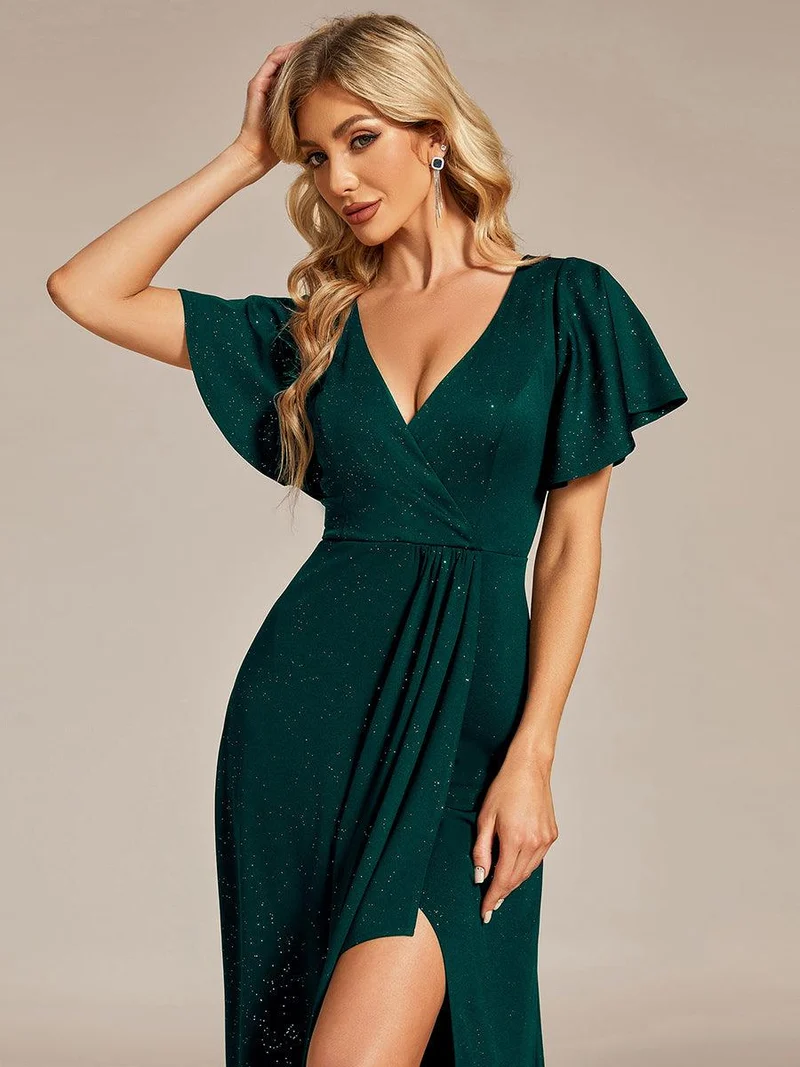 ever MELODÉ|Robe de Soirée élégante à paillettes décolleté en V profond fente sur le devant (Vente Finale)
