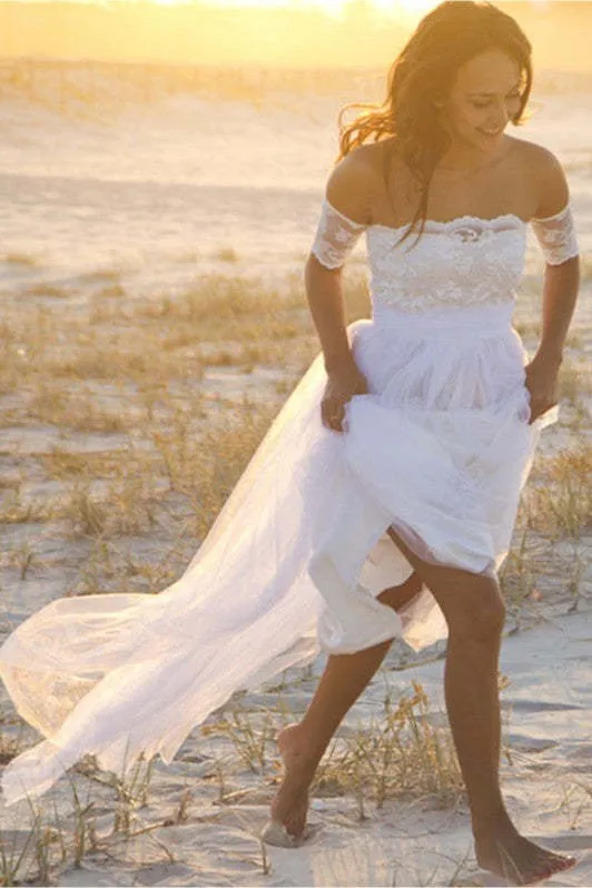 Robe de mariée de plage en tulle et dentelle à épaules dénudées avec traîne