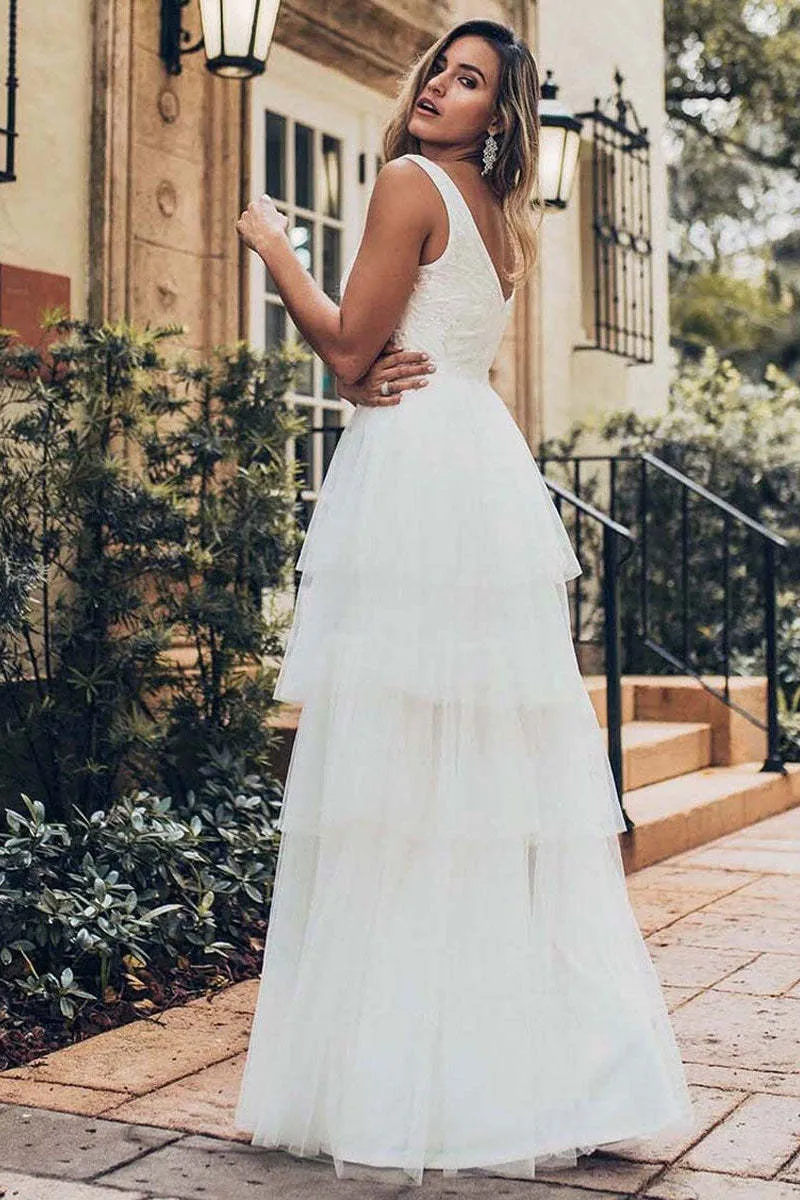 Robe de mariée en tulle superposé sans manches avec jupe trapèze à col en V