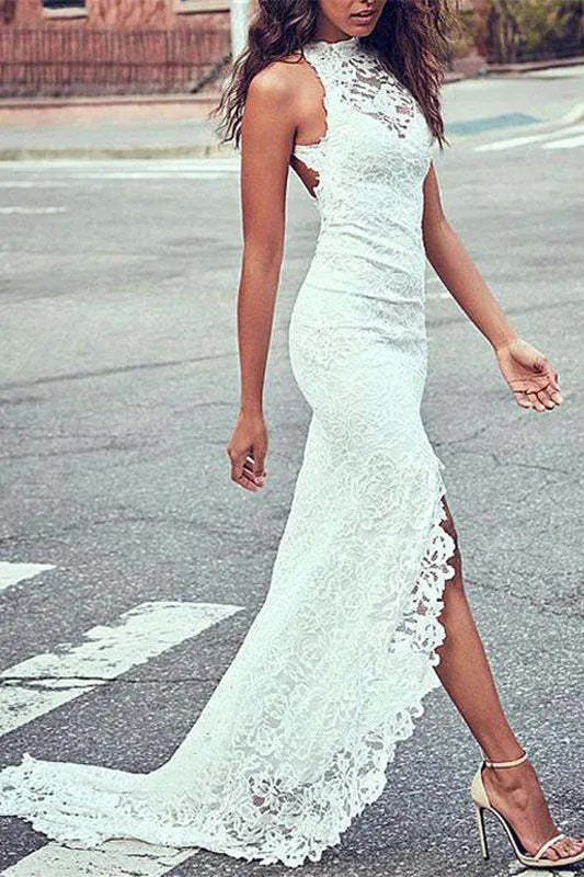 Robe de mariée d'été en dentelle à col haut et traîne
