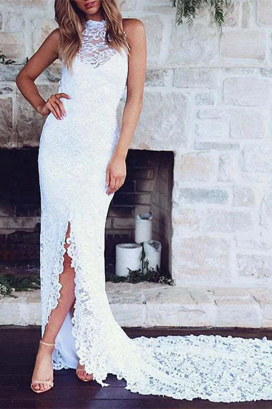 Robe de mariée d'été en dentelle à col haut et traîne