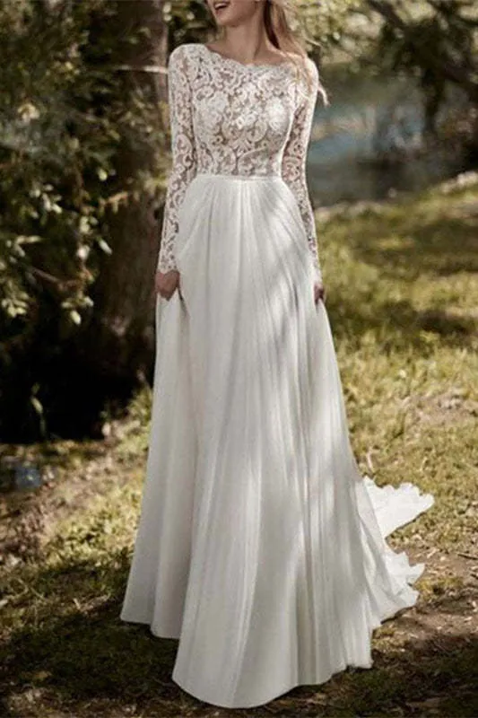 Robe de mariée en mousseline de soie à manches longues et corsage en dentelle avec dos illusion