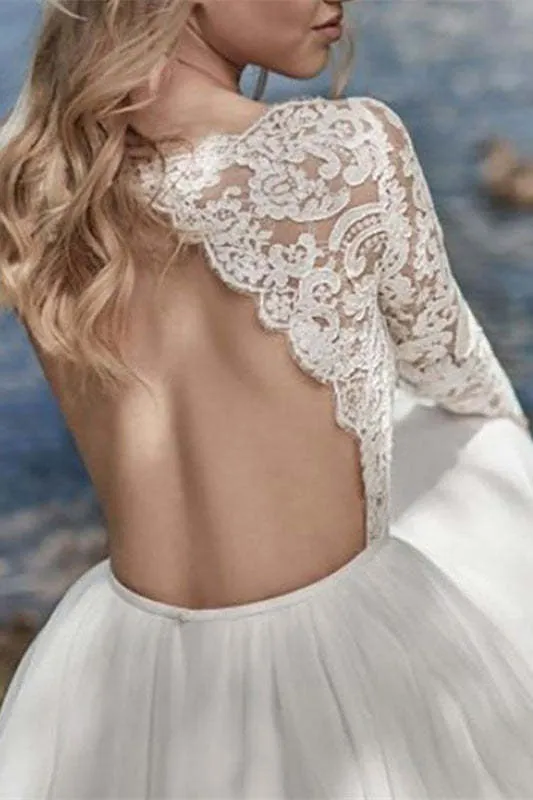 Robe de mariée en mousseline de soie à manches longues et corsage en dentelle avec dos illusion