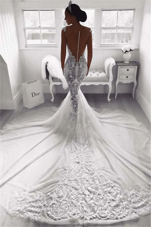 Robe de mariée sirène à manches courtes et traîne avec appliques en dentelle