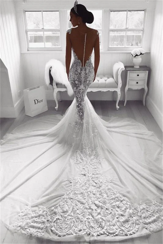 Robe de mariée sirène à manches courtes et traîne avec appliques en dentelle