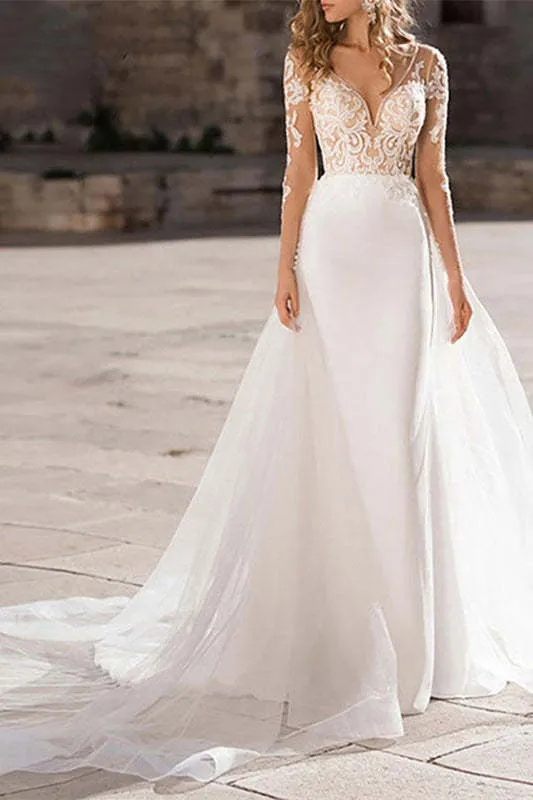 Robe de mariée sirène en dentelle à manches longues avec traîne transparente