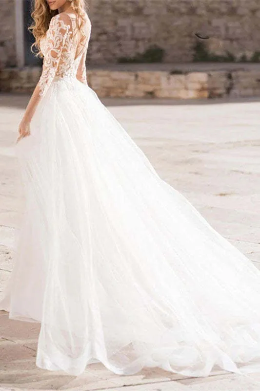 Robe de mariée sirène en dentelle à manches longues avec traîne transparente