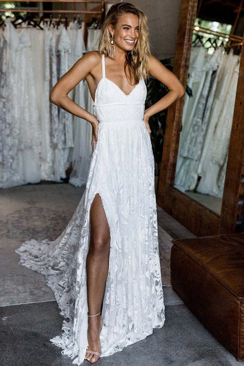 Robe de mariée sirène en dentelle à bretelles spaghetti et fente haute