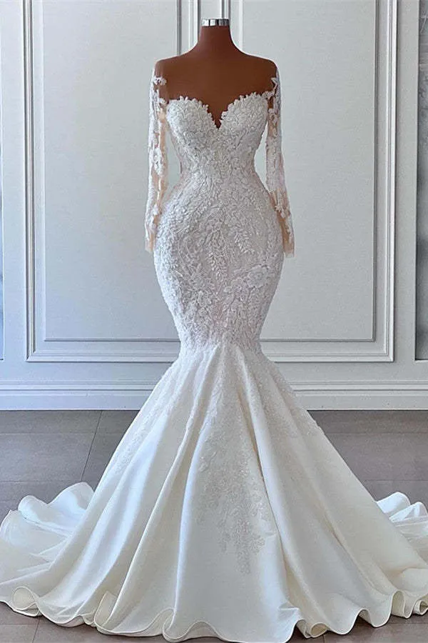 Robe de mariée sirène à manches longues et épaules dénudées avec appliques