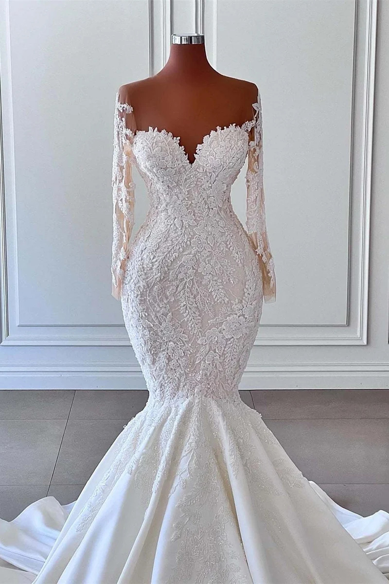 Robe de mariée sirène à manches longues et épaules dénudées avec appliques