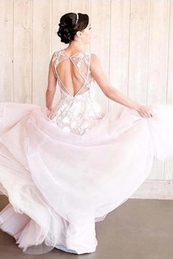 Robe de mariée trapèze en tulle à col en V et appliqués en dentelle, dos nu