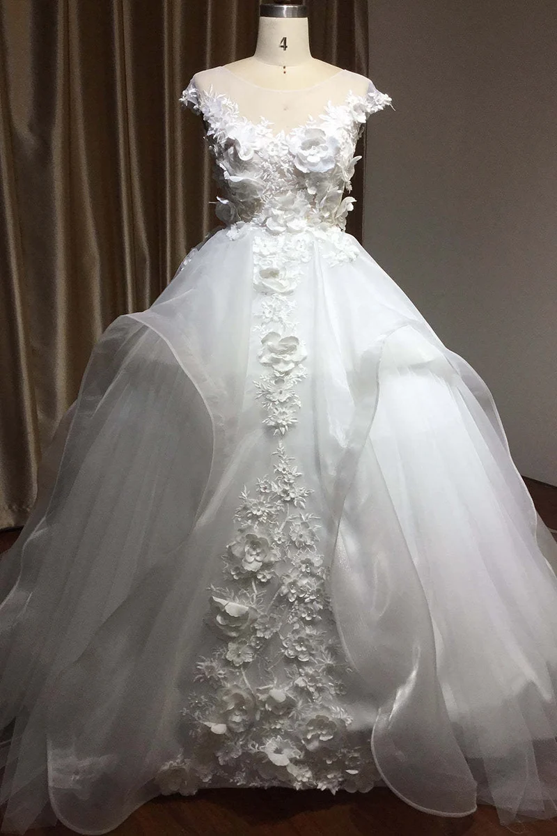 Robe de mariée à manches courtes et col bijou, robe de bal, appliques florales