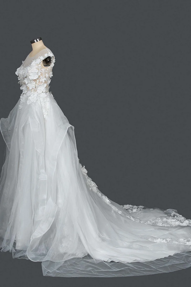 Robe de mariée à manches courtes et col bijou, robe de bal, appliques florales