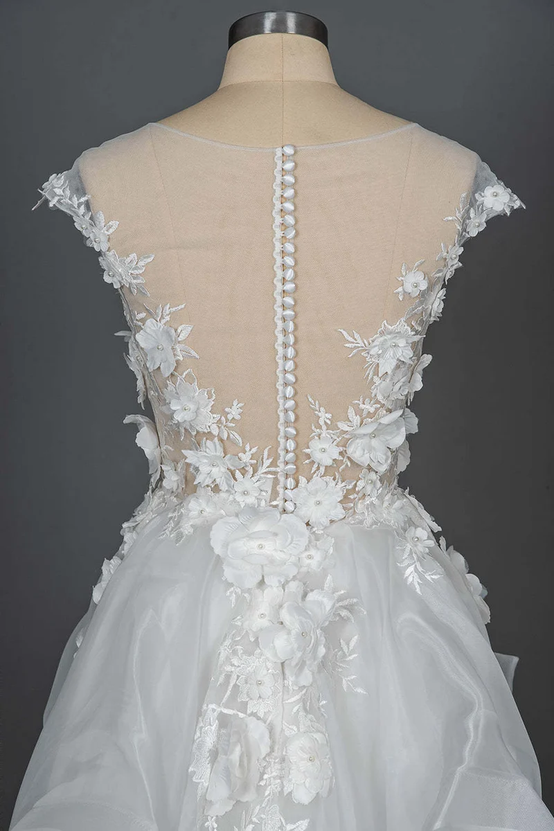 Robe de mariée à manches courtes et col bijou, robe de bal, appliques florales