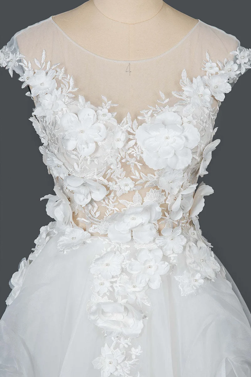 Robe de mariée à manches courtes et col bijou, robe de bal, appliques florales