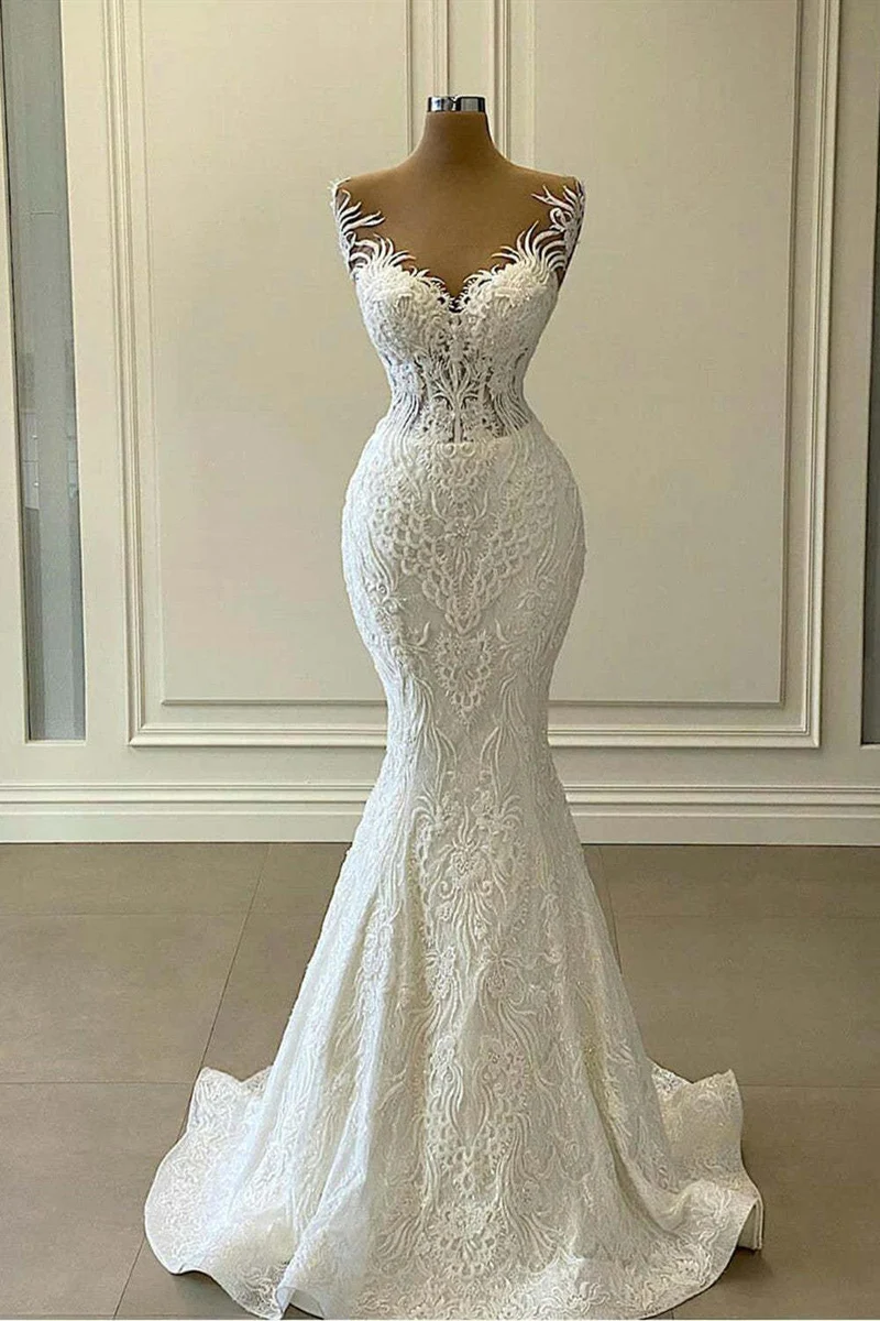Robe de mariée sirène en dentelle avec traîne amovible