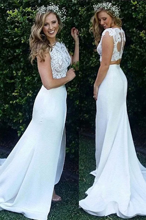 Robe de mariée sirène en dentelle deux pièces avec haut et traîne perlés
