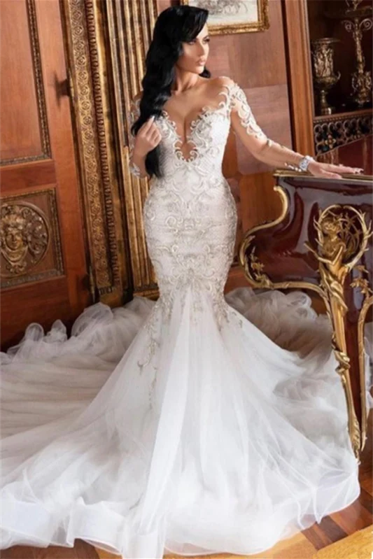Robe de mariée sirène à manches longues et appliques en dentelle avec traîne chapelle
